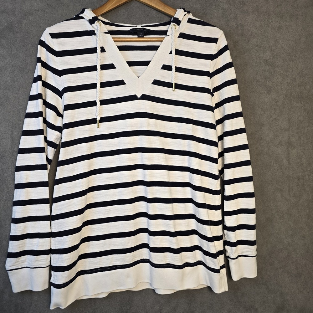 Tommy Hilfiger Sport Women's Size Large  Black White Striped Hooded‎ Top Shirt